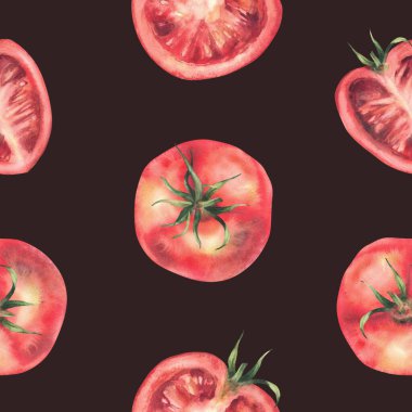 Kırmızı domatesler suluboya sebzeler, dikişsiz desenler ve yarım dilimlenmiş saplı meyveler. El çizimi gerçekçi illüstrasyon. Gıda kumaşı tasarımı, mutfak duvar kağıdı izole edilmiş koyu arkaplan