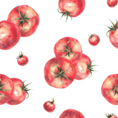 Farklı boyutlarda büyük kırmızı domates ve kiraz domatesi. Suluboya gerçekçi resim çizimi. Kumaş için yeşil saplı olgun meyve, arkaplandan izole edilmiş gıda ambalajı