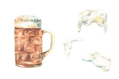 Bir kupa bira ve çeşitli bira köpükleri. Köpüklü bira, el yapımı bira. Geleneksel içki, Oktoberfest festivalinde içecek, menü. Resimli suluboya el resmi arkaplandan izole edilmiş.