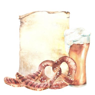 Bir bardak kraker ve Bavyera usulü ızgara sosisle dürülmemiş kağıt ve menüye karşı. Köpüklü içecekler ve Almanya Ekim Festivali geleneksel bretzel yemekleri. Suluboya el izole edilmiş çizim