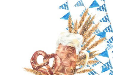 Çubuk kraker ve malt kulaklı bir kupa, ipte mavi eşkenar dörtgen Bavyera bayrakları, üçgen flama Oktoberfest çelengi. Suluboya el yapımı pankart. İzole illüstrasyon