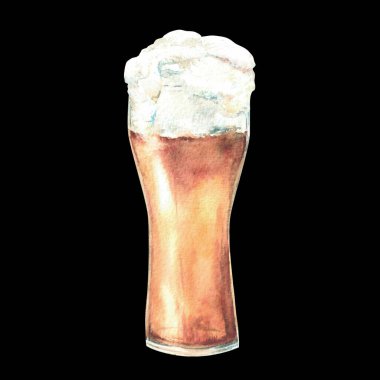 Bir bardak bira. Köpüklü bira içecekleri, yarım litre hafif altın alkollü içecek. Oktoberfest Almanya festivali kartı için suluboya el çizimi, izole edilmiş koyu arkaplan kliplerine yapıştırma