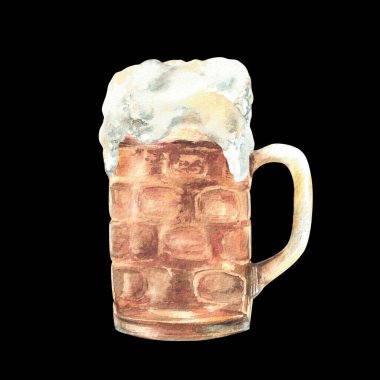 Köpüklü bir kupa bira. Oktoberfest bayram Bavyera festivalinde kitleler ya da litre bira, yarım litre bira, geleneksel içecek, içecek. İzole edilmiş siyah arkaplanda suluboya el çizimi