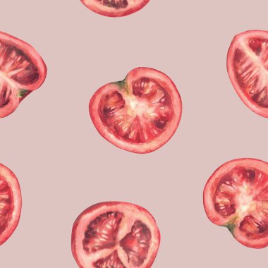 Suluboya kırmızı domates pürüzsüz desen. Tam, yarım, dilimlenmiş olgun meyve. İzole edilmiş renkli arka planda sebze çizimi. Kumaş ve ketçap etiketi için gerçekçi bir şekilde çizilmiş el.