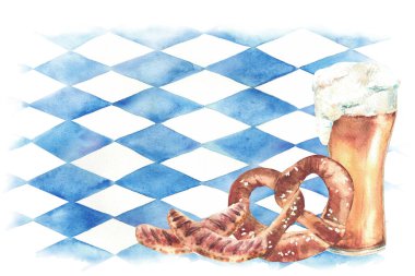 Bavyera mavi eşkenar dörtgen bayrağının arka planında kraker ve ızgara sosisli bira. Almanya Oktoberfest içeceği, bretzel ve ızgara yiyecek suluboya el izole afiş, kart illüstrasyonları