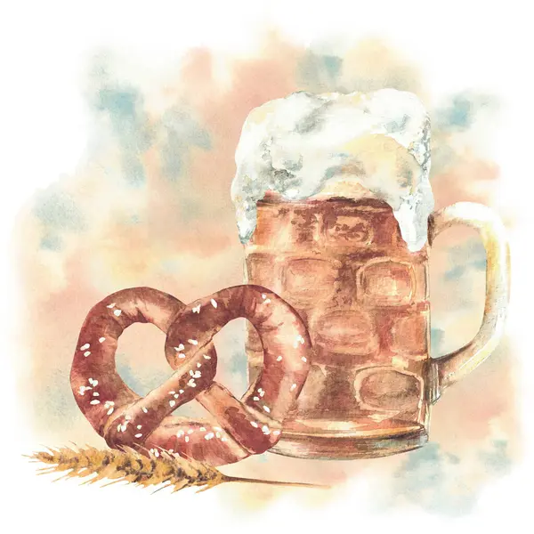 Bir bardak kraker ve suluboya lekeli viski, benekli arka plan. Geleneksel Almanya birası tuzlu elle izole edilmiş resimle boyandı. Bavyera Oktoberfest Gıda ve İçecekler.