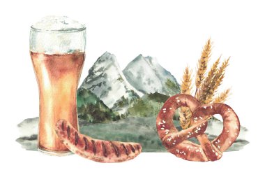 Bavyera Zugspitze 'nin arka planında bir bardak sosis ve simit. Alp Dağları manzarası. Suluboya Alman simgesini boyadı. Oktoberfest içeceği ve atıştırmalığı izole edilmiş.