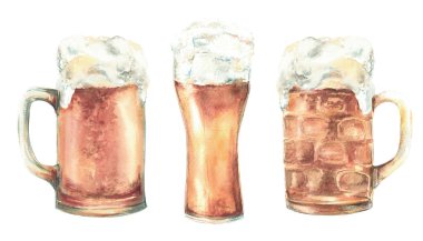 Bardak ve bir bardak bira köpüklü bira, bira. Geleneksel içki, Oktoberfest festivalinde içecek, bar, bar menüsü. Kart için suluboya el çizimi, arkaplandan izole edilmiş el ilanı