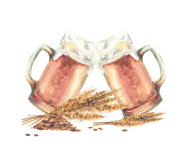 Bira bardakları kulaklar ve bira taneleriyle tezahürat yapıyor. Elle boyanmış suluboya iki bardak light bira, doğal köpüklü içecek, içecek menüsü malzemeleriyle birlikte, bira fabrikası etiketi. İzole edilmiş