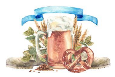 Bir bardak bira ve bretzel, doğal Bavyera içeceği için üzerlerinde mavi kurdele olan malzemelere karşı. Oktoberfest geleneksel ayakkabılar, yeşil zıplamalar ve kulaklar, malt tohumu. İzole edilmiş el çizimi resimleme