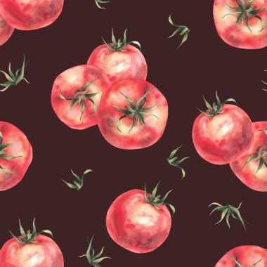 Kırmızı domatesler yeşil saplı ekinler ekerler. Sebzeler dikişsiz desen. Resmedilmiş gerçekçi suluboya. Kumaş, ambalaj ve izole edilmiş koyu arkaplanda masa örtüsü için tarım gıdası tırmanışı