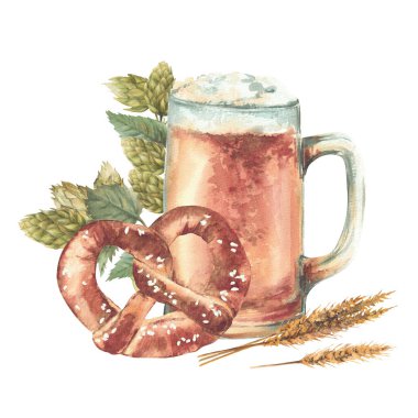 Biralı bira bardağı ve doğal demleme ürünleri, malt ve şerbetçiotu. Alman birası, içki ve ekmek. Eko bira fabrikası ürün etiketi için elle çizilmiş gerçekçi illüstrasyon, beyaz Clipart üzerine izole edilmiş menü