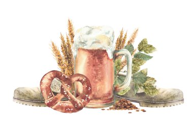 Alman hafif bira bardağı, geleneksel tuzlu kraker ve zıpzıp ve arkaplanlı Bavyera çizmeleri. Oktoberfest gerçekçi el bira etiketi için suluboya, menü izole Clipart