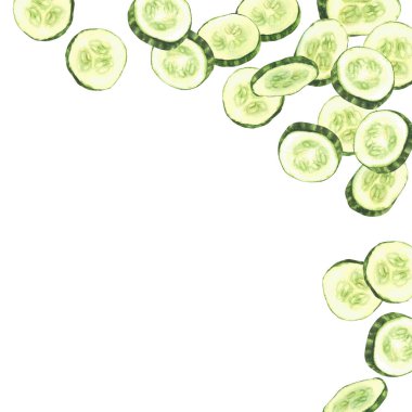 Dilimlenmiş salatalık suluboya köşe çerçevesi. Taze sebze kesimi salatalık halkaları. Gıda etiketi tasarımı, kozmetik ürünleri ve salata için gerçekçi resimli tasarım şablonu. Arka plandan izole edilmiş