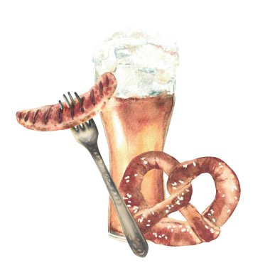 Bira, krakerli bira ve çatallı sosis. Bavyera festivalinde içki ve yemek. Suluboya el çizimi çizimi. Almanya kart için gerçekçi taslak, menü arkaplandan izole edilmiş.