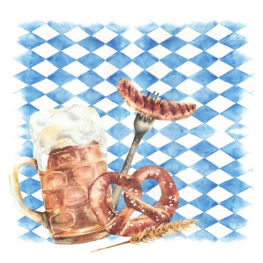 Çubuklu bira kupası ve çatallı sosis mavi eşkenar dörtgen Bavyera bayrakları. Ekim Festivali 'nde içki ve yemek. Menü için Clipart, kart şablonu izole suluboya resimleme