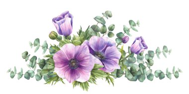 Okaliptüs buketli amnemon. Mor çiçekler ve yeşil yapraklar suluboya üçgen bileşimi. Gümüş dolar dalları ve Rüzgâr çiçekleri Pembe tomurcuklar çiçekli yalıtılmış el çizimleri.