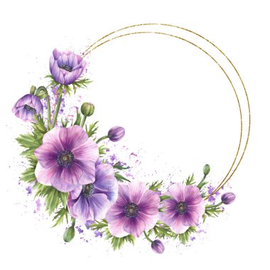 Anemon mor çiçekleri tomurcuklanır ve altın çerçeveli çelenk bırakır. Suluboya pembe üzerine romantik buket, menekşe lekeleri, benekli arka plan izole edilmiş el boyası düğün için daire çizimi, tebrik kartı