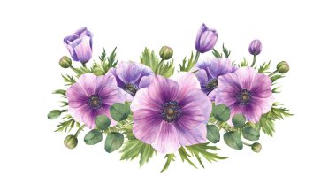 Anemone Mor çiçek buketi. Suluboya Windflower pembe tomurcuklar okaliptüs gümüş dolar yeşil yapraklar. Düğün, selamlaşma, doğum günü kartı çiçek tasarımı için ayrı bir yer.