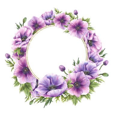 Amonlar pembe, yeşil tomurcuklu mor çiçekler ve altın çerçeveli çelenkler bırakır. Suluboya El tebrik kartı, çiçek etiketi tasarımı için botanik daire çerçevesi çizdi. Arkaplan illüstrasyonundan izole