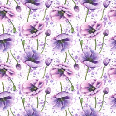 Anemone flower with green and pink buds floral seamless pattern on purple watercolor spotted splashes white background. Hand drawn summer fabric, packaging, wallpaper design. Isolated illustration