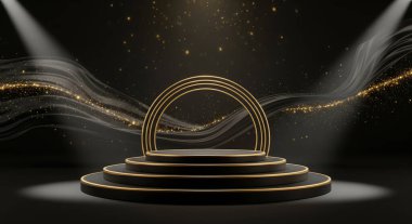 Altın çerçeveli lüks, çok katmanlı siyah bir podyum spot ışıklarıyla aydınlatılıyor. İnce, koyu renk kumaş arkasında parıldayan altın parıltıları ve bokeh efektleriyle süslenir..