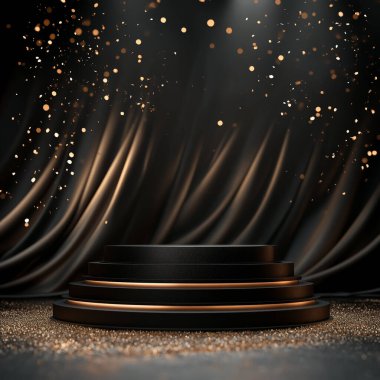 Gösterişli, siyah katlı bir podyum sahnenin ortasında durur. Sahne ışıklarıyla aydınlatılan, altın konfeti ve bokeh yağmuruna tutulan, akan koyu renk perdelerin önünde..
