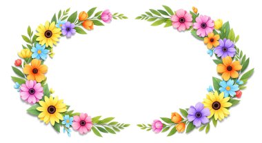 Ayçiçekleri, papatyalar ve laleler gibi renkli ve stilize çiçeklerden oluşan güzel bir oval çerçeve, beyaz bir zemin üzerinde yemyeşil yapraklar ve tomurcuklar ile karışmıştır..