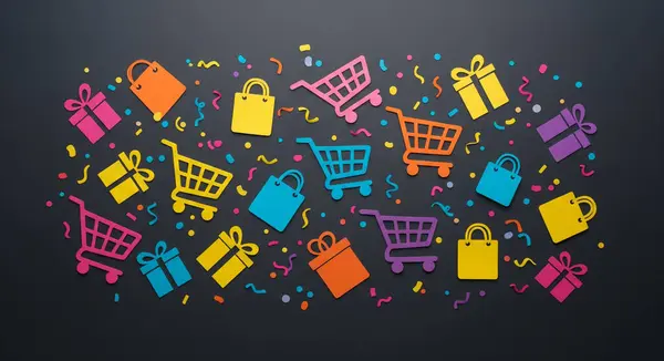 Alış veriş arabaları, hediye kutuları ve konfetilerden oluşan canlı bir kağıt koleksiyonu koyu gri bir arka plana saçılmış, neşeli ve enerjik bir sahne yaratıyor..