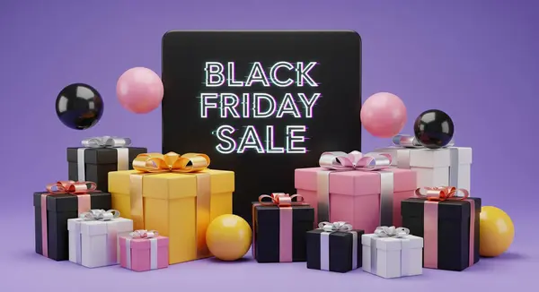 Çeşitli renklerde hediye kutularının düzenlemesi, kurdelelerle süslenmiş, 'Kara Cuma Satışı' yazılı siyah bir tabela ile çevrelenmiş, balonlarla birlikte.