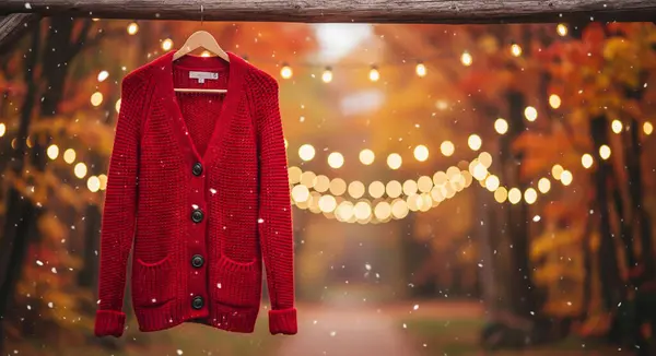 Sıcak kırmızı örülmüş bir hırka, sonbahar yapraklarının bulanık arka planına, sicim ışıklarına ve hafif kar yağışına dayanan ahşap bir kirişe asılır..