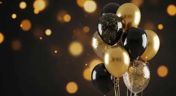Bir grup siyah ve altın balon, bazıları altın konfetisiyle dolu, yumuşak, odak dışı altın bokeh ışıklarıyla aydınlatılmış karanlık bir arka planda yüzüyor..