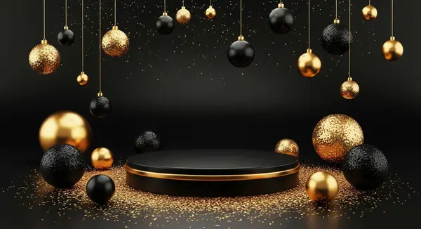 Altın kaplamalı lüks bir siyah podyum pırıl pırıl altın ve desenli siyah süslemelerle çevrilidir. Dağınık altın parıltısı şenlikli ve kutlama havası katıyor..