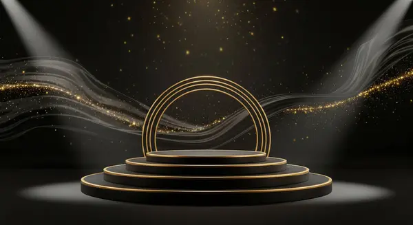 Altın çerçeveli lüks, çok katmanlı siyah bir podyum spot ışıklarıyla aydınlatılıyor. İnce, koyu renk kumaş arkasında parıldayan altın parıltıları ve bokeh efektleriyle süslenir..