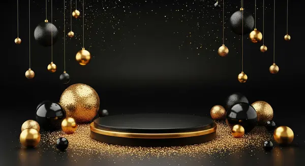 Altın kaplamalı lüks bir siyah podyum, bazıları parıltılarla dokulu siyah ve altın kürelerle çevrilidir. Askıya alınmış süsler ve etrafa saçılmış altın parıltıları kutlama havası yaratır..