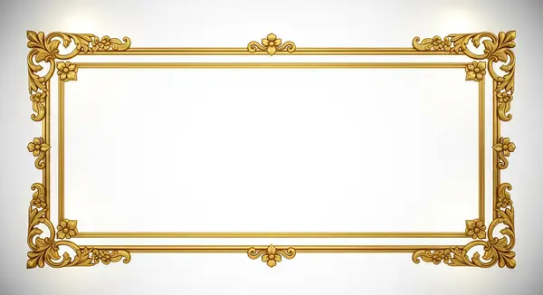 Özenle hazırlanmış çiçek tomarları ve dekoratif elementlerin yer aldığı lüks, karmaşık bir şekilde tasarlanmış altın bir çerçeve. Dikdörtgen kenar, temiz beyaz arkaplan karşısında zengin ve parlak bir altın kaplamayla kaplıdır..