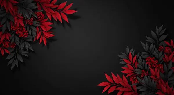 Koyu gri yapraklar ve böğürtlenlerden oluşan çarpıcı bir görsel küme koyu siyah arkaplan karşısında sofistike ve dramatik bir kontrastlık yaratır..