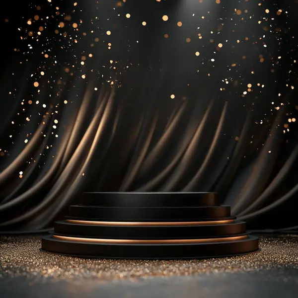 Gösterişli, siyah katlı bir podyum sahnenin ortasında durur. Sahne ışıklarıyla aydınlatılan, altın konfeti ve bokeh yağmuruna tutulan, akan koyu renk perdelerin önünde..