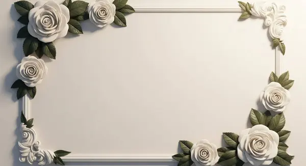 Her köşede yontulmuş beyaz güller ve yeşil yapraklar olan dekoratif bir çerçeve, ince bir krem rengi arkaplan ve desenli kenarlı.