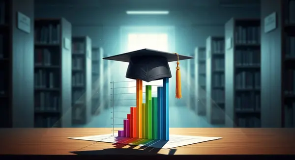 Mezuniyet şapkası canlı, gökkuşağı renkli bir bar grafiğinin üzerinde bir kütüphane ortamında duruyor. Grafik, ışık ışınlarının sahneyi aydınlattığı eğitimdeki ilerleme ve başarıyı temsil ediyor..