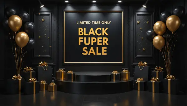 Siyah ve altın balonlar, altın kurdeleli hediye kutuları ve katmanlı bir podyum ile çevrili 