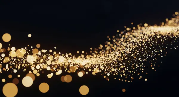 Parlayan altın bokeh parçacıklarının dinamik dalgası derin siyah bir arkaplanda sürüklenir. Yumuşak, odak dışı ışıklar büyülü ve ruhani bir atmosfer yaratır..