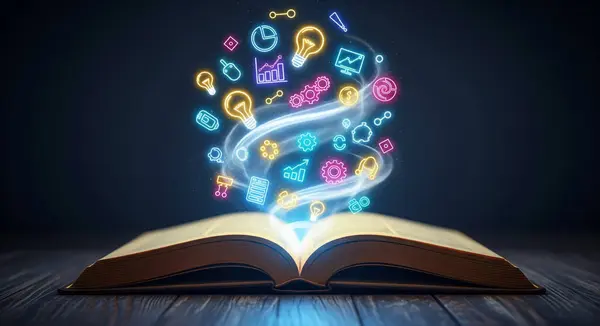 Karanlık, ahşap bir yüzey üzerine açık bir kitap, parlak neon simgelerden oluşan parlak bir girdap yayar ve karanlık, yıldızlı bir arka plana karşı dizilmiş fikirleri, verileri ve kavramları temsil eder..