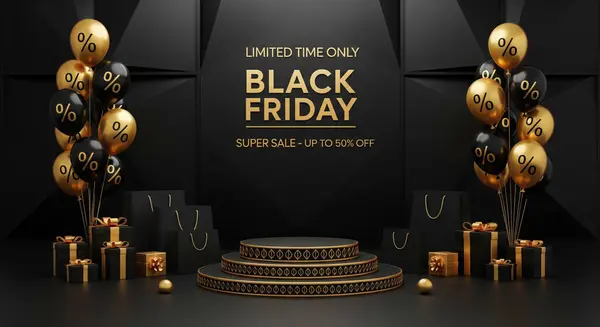 Yüzdelik işaretleri, hediye kutuları, alışveriş çantaları ve katmanlı bir kürsüsü olan siyah ve altın renkli balonların yer aldığı sofistike bir Kara Cuma tanıtım gösterisi. Metinde sınırlı bir süper satış ilan ediliyor..