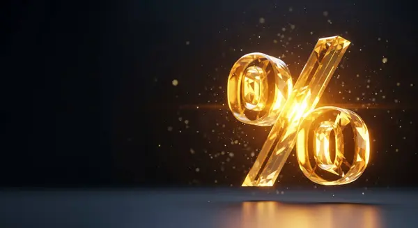 Parlayan altın tozlar ve ışık parlamalarıyla çevrili, koyu bir arka planda parıldayan, 3D 'lik altın yüzdelik bir sembol, zenginlik ve başarıyı işaret ediyor..