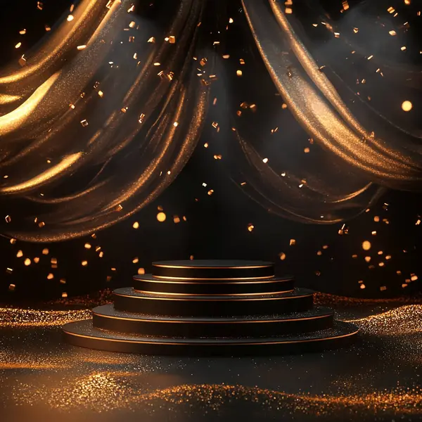 Altın kaplamalı çok katmanlı siyah bir podyum pırıl pırıl altın bir yüzeyde oturmaktadır. Sahne ışıkları ve düşen konfetilerle aydınlatılmış dramatik altın perdeler arkasında..