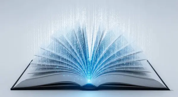 Sayfaları açılmış beyaz bir yüzey üzerinde açık bir kitap yatıyor. Sayfalardan çıkan ikili kodlardan oluşan parıldayan dijital veri akışları.