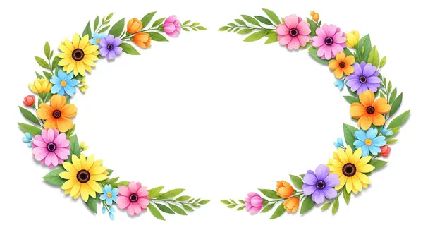 Ayçiçekleri, papatyalar ve laleler gibi renkli ve stilize çiçeklerden oluşan güzel bir oval çerçeve, beyaz bir zemin üzerinde yemyeşil yapraklar ve tomurcuklar ile karışmıştır..