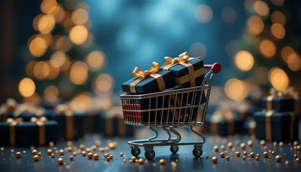 Minyatür bir alışveriş arabasında altın kurdelelerle bağlanmış birkaç siyah hediye kutusu var. Sahne, sıcak, parlayan ışıkların arka planına göre ayarlanmış. Bu da bir kutlama ya da şenlik havasını çağrıştırıyor..