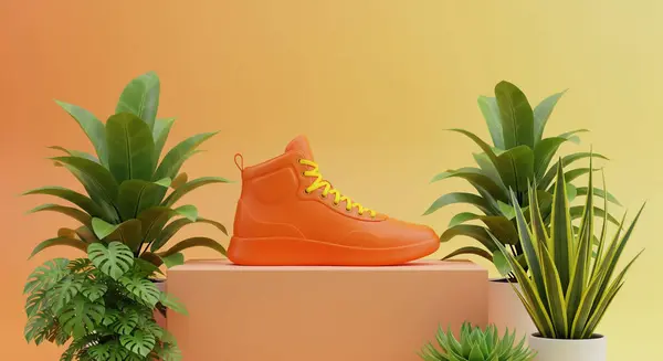 Sarı bağcıklı parlak turuncu bir spor ayakkabı şeftali kaidesi üzerinde sergilenir, çeşitli yeşil saksılar tarafından çerçevelenir ve sıcak bir arka plan oluşturulur..